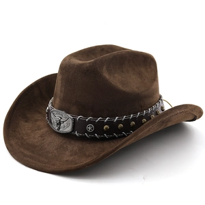 Classic dark brown suede western cowboy hat with decorative vintage bull head metal buckle