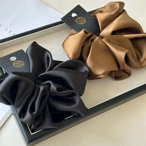 Oversized 18cm vintage satin scrunchie set in black and bronze with handmade gold tags