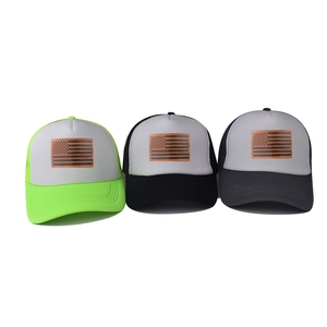 Three USA flag trucker hats with sponge foam front and breathable mesh back in various colors