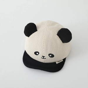 Corduroy baby baseball cap with 3D panda ears and embroidered face on white background
