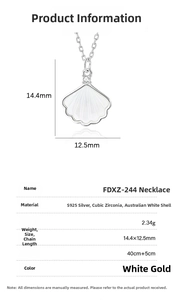 Detailed size specifications of shell pendant necklace in S925 silver with white mother of pearl
