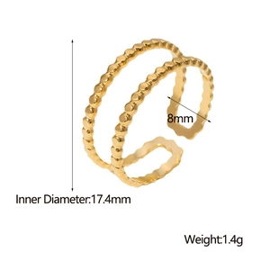 Minimalist double-layer beaded open ring in gold finish with 17.4mm inner diameter