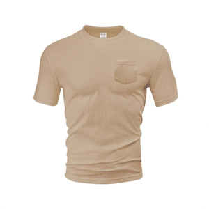 Men's loose waffle knit crewneck T-shirt with pocket in khaki displayed on mannequin