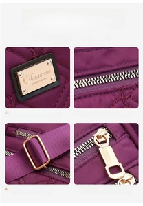 Detail of purple quilted nylon bag featuring gold metal hardware and adjustable strap buckle