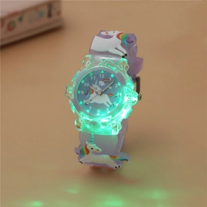 Orologio luminoso per bambini con cinturino in silicone viola e motivi a unicorno
