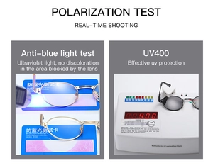 Detail showing anti-blue light and UV400 testing of steampunk round metal frames