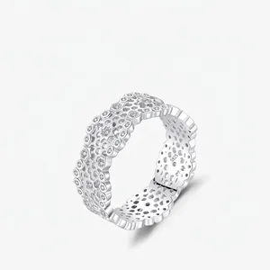 S925 Sterling Silver Honeycomb Hollow Ring For Women Geometric Inlaid Rhinestone Wide Band Personalized Fashion Jewelry Gift
