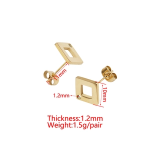 Square minimalist gold stainless steel stud earrings measuring 10x11mm and 1.2mm thick