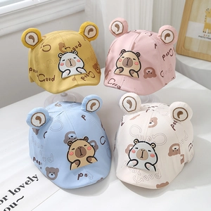 Cute baby beret caps with bear prints and 3D ears in yellow pink blue and beige colors