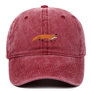 Vintage washed red cotton baseball cap featuring high-quality orange fox embroidery
