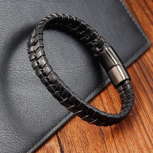 Men's double-layer braided black leather bracelet with gunmetal magnetic clasp