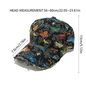 Detailed size specifications for a vintage black baseball cap with butterfly embroidery