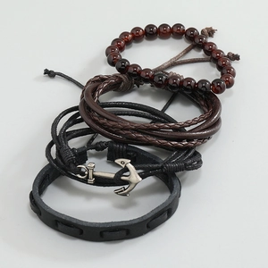 Men's multi-layer nautical bracelet set with leather cords and silver anchor charm