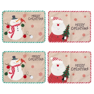 Christmas snowman and Santa Claus burlap placemats with Merry Christmas embroidery