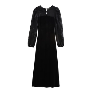 Elegant Black Velvet Maxi Dress With 3D Floral Embroidery Mesh Patchwork Long Sleeve High Waist French Style Evening Party