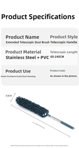 Detail showing retractable 60-140cm stainless steel pole and blue microfiber duster head