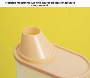 Detailed view of plastic cereal storage jar with a measuring cup lid and funnel spout
