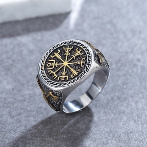 Vintage Viking Vegvisir ring in silver and gold steel with Norse runes and compass symbol