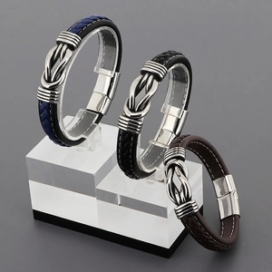 Men Multi Layer Braided Leather Bracelet Stainless Steel Knot Magnetic Clasp Punk Vintage Fashion Jewelry Accessory