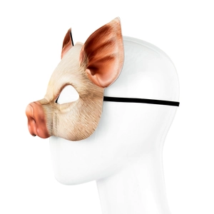 Detailed side view of realistic pig half-face EVA mask with elastic strap on a mannequin