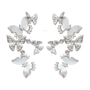Silver butterfly earrings with zircon shell tassel pendants in a symmetrical layout