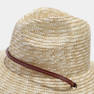 Straw Panama sun hat with brown leather band and detailed weave for beach vacations