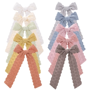 Embroidery Lace Bowknot Hair Clip With Long Streamers Vintage Sweet Cotton Fabric Hairpin For Kids Girls