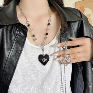 Gothic Punk Heart Pendant Necklace With Cross Motif Fleur De Lis Artificial Pearl Beads Vintage Dark Style Jewelry For Women