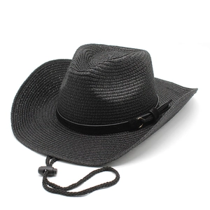 Western black straw cowboy hat with wide roll-up brim and adjustable chin strap