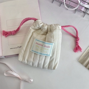Quilted Drawstring Pouch Cosmetic Storage Bag Pink Tassels Padded Aesthetic Korean Style Portable Travel Organizer White