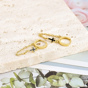 S925 Silver needle gold hoop earrings with black enamel cross and delicate chain link charm