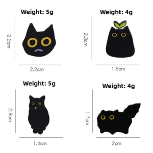Detailed size and weight guide for four unique black cat enamel lapel pins and badges