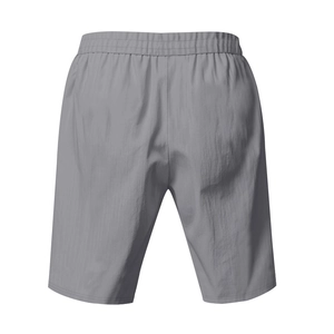 Rear view of grey casual linen-textured shorts featuring an elastic waistband and relaxed fit