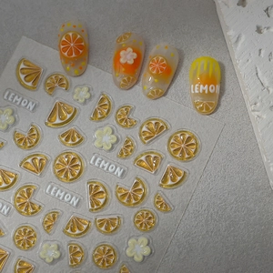 3D summer lemon nail art stickers with 3D citrus slices and daisy floral decals
