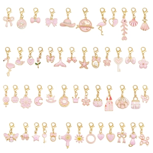 Pink enamel and gold metal charms collection with lobster clasps for shoes and bags