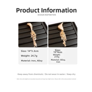 Detailed view of geometric tassel brooches with size and material specifications