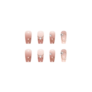 French press-on nails with pearl rhinestones and gold heart patterns in ballerina shape