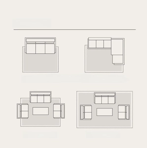 Size guide for French vintage carpets showing four living room layout options and dimensions