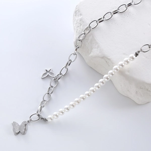 Irregular stainless steel pearl chain butterfly necklace with elegant layered pendants