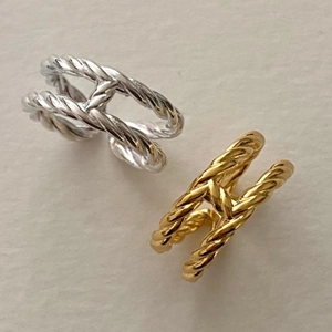 Minimalist double-layer H-shaped open rings in gold and silver with twisted rope texture