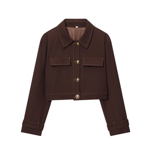 Short dark brown lapel jacket with gold buttons and cargo pockets on white background