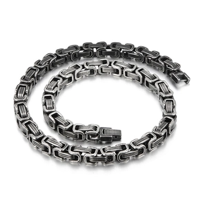 Vintage oxidized stainless steel Byzantine chain necklace for men with classic square clasp