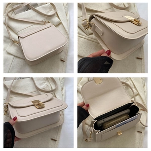 Detail view of beige crossbody bag showing metal lock, interior space and various angles