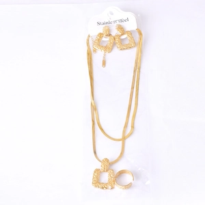 Detailed set of gold stainless steel square pendant necklace, earrings, and open ring