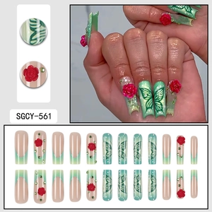 Long coffin french nails with pink gradient, red roses, green butterflies and rhinestones