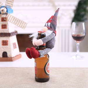 Gnome wine bottle cover with red plaid hat and long beard for Christmas table decor