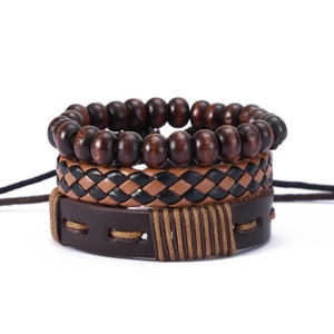 Retro 3-piece punk leather wrap bracelet set with braided straps and brown wooden beads