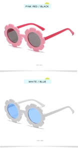 Detail of sunflower shape frames in pink-black and white-blue for children sunglasses