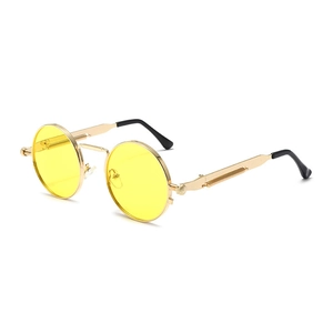 Steampunk round sunglasses with yellow lenses, gold metal frame and spring temples