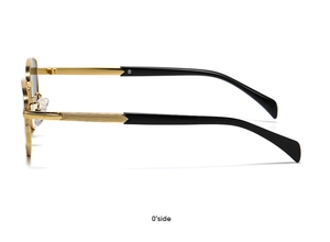 Side view of retro metal sunglasses with diamond frame and gold-black temples